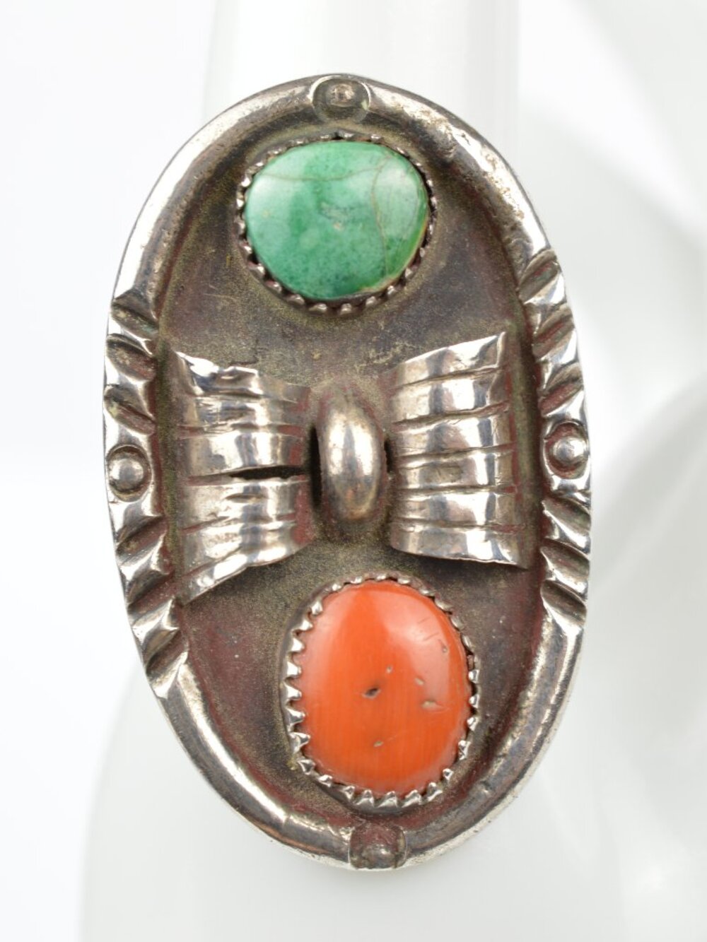 Vintage Navajo Sterling Silver Turquoise Coral Shadowbox Ring Size 8.75 Stamped